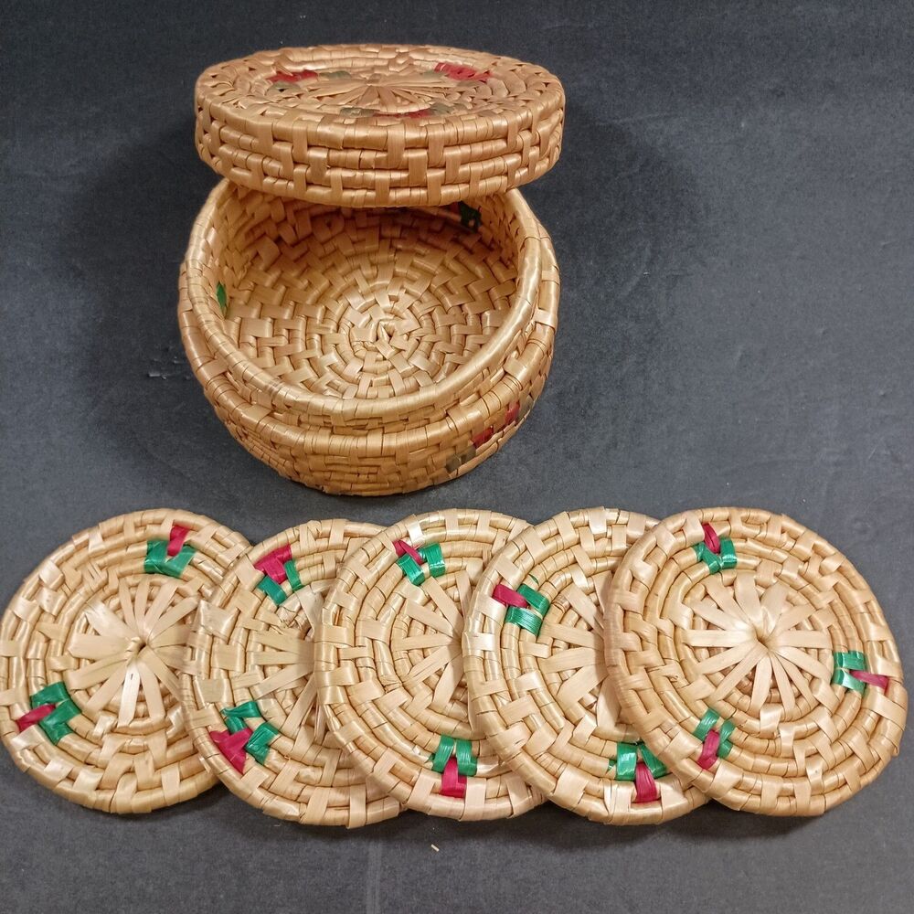 Vintage Set Of 5 Woven Straw Round Coaster Pot Holders Trivet Sweet Grass Basket
